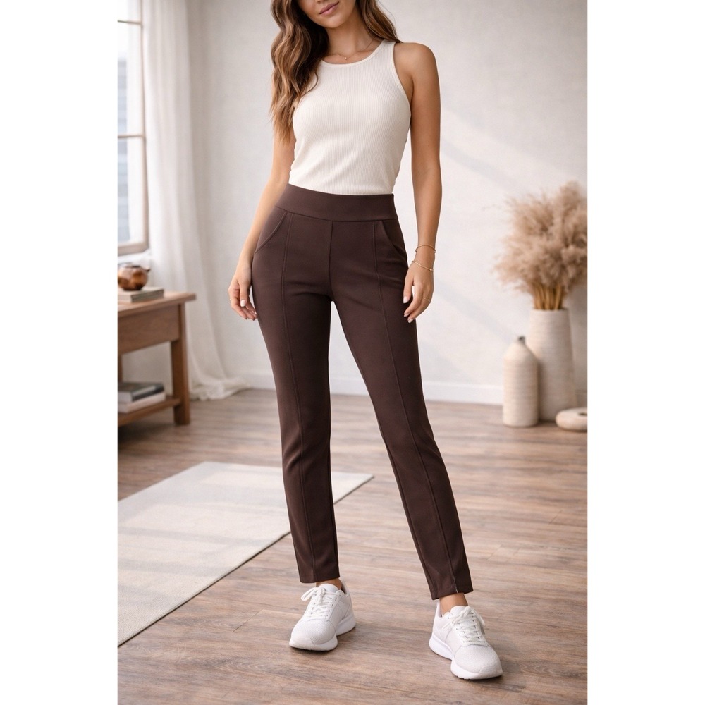 JONES & CO COMFORT STRETCH DARK BROWN TAPERED DRESS PANT POCKETS WOMEN XS CLASSY